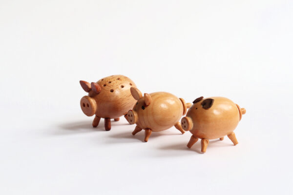 Vintage Wooden Pig Salt and Pepper Shaker Set with Toothpick Holder